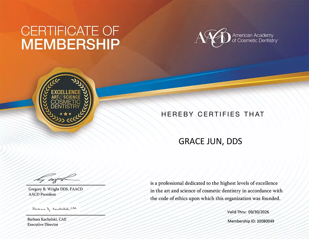 American Academy of Cosmetic Dentistry Membership Certificate - Grace Jun